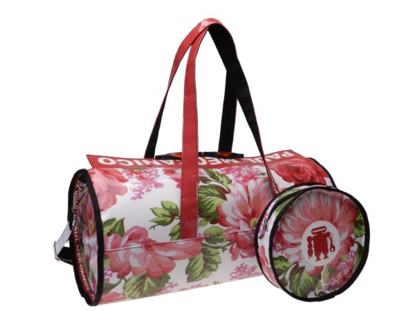 SPORTY BOSTON BAG WHITE WITH MULTICOLOUR FLORAL FANTASY. MODEL ROLLING MADE OF LORRY TARPAULIN. - Unique Pieces Paul Meccanico