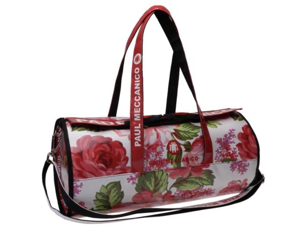 SPORTY BOSTON BAG WHITE WITH MULTICOLOUR FLORAL FANTASY. MODEL ROLLING MADE OF LORRY TARPAULIN. - Unique Pieces Paul Meccanico