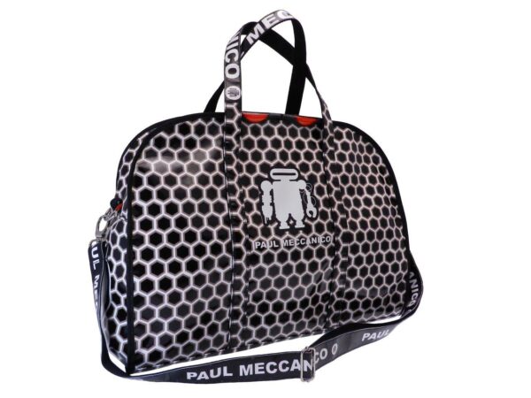 SPORTS BAG OR TRAVEL BAG PAUL MECCANICO. RAID MODEL BLACK WHITE AND BRONZE COLOURS MADE OF LORRY TARPAULIN. - Unique Pieces Paul Meccanico