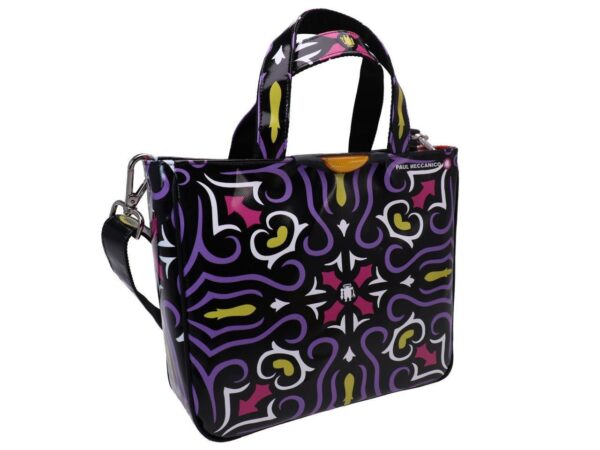TOTE BAG BLACK AND LILAC WITH MAJOLICA FANTASY. MODEL GLAM MADE OF LORRY TARPAULIN. - Unique Pieces Paul Meccanico