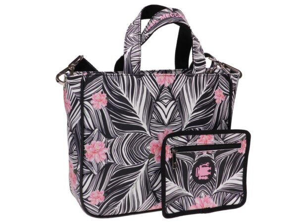 TOTE BAG BLACK AND WHITE COLOURS WITH LEAVES FANTASY. GLAM MODEL MADE OF SOFT SYNTETHIC LEATHER. - Unique Pieces Paul Meccanico