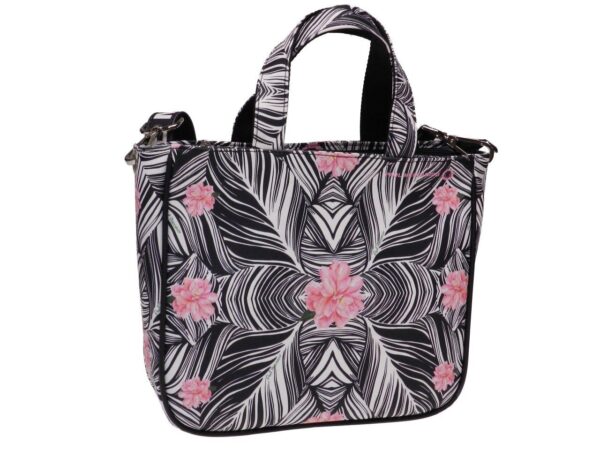 TOTE BAG BLACK AND WHITE COLOURS WITH LEAVES FANTASY. GLAM MODEL MADE OF SOFT SYNTETHIC LEATHER. - Unique Pieces Paul Meccanico