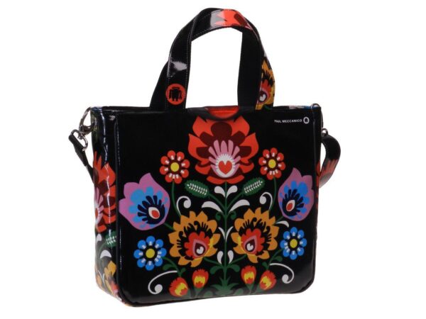 TOTE BAG BLACK COLOR WITH FLORAL FANTASY. GLAM MODEL MADE OF LORRY TARPAULIN. - Unique Pieces Paul Meccanico