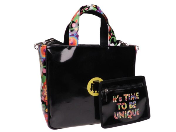 TOTE BAG BLACK COLOUR FLORAL FANTASY "IT'S TIME TO BE UNIQUE". GLAM MODEL MADE OF LORRY TARPAULIN. - Unique Pieces Paul Meccanico