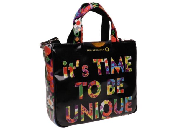 TOTE BAG BLACK COLOUR FLORAL FANTASY "IT'S TIME TO BE UNIQUE". GLAM MODEL MADE OF LORRY TARPAULIN. - Unique Pieces Paul Meccanico