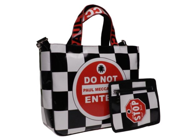 TOTE BAG BLACK & WHITE WITH CHESS PATTERN AND WRITTEN "STOP AND THINK". GLAM MODEL MADE OF LORRY TARPAULIN. - Unique Pieces Paul Meccanico