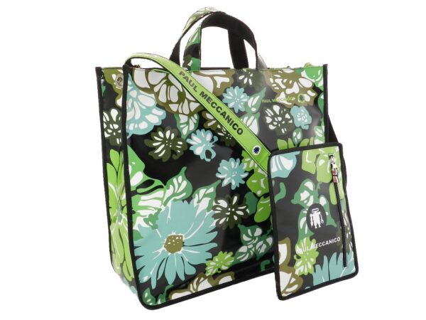 TOTE BAG PAUL MECCANICO. MODEL AIRSTONE BLACK AND GREEN COLOURS WITH FLORAL FANTASY. - Unique Pieces Paul Meccanico