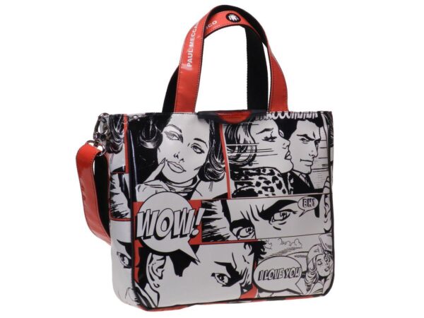 TOTE BAG WHITE, BLACK AND RED COLOURS WITH COMIC STYLE. GLAM MODEL MADE OF LORRY TARPAULIN. - Unique Pieces Paul Meccanico