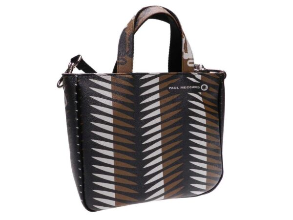 TOTE BAG WITH ETHNIC PATTERN IN WHITE BLACK AND BROWN COLOURS. GLAM MODEL MADE OF HAMMERED FAUX LEATHER. - Unique Pieces Paul Meccanico