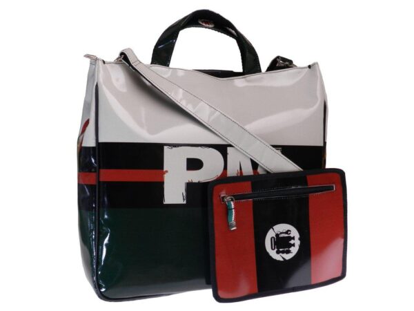 TOTE BAG WORKSHOP STYLE DARK OLIVE GREEN, BLACK AND WHITE COLOURS. AIRSTONE MODEL MADE OF LORRY TARPAULIN. - Unique Pieces Paul Meccanico