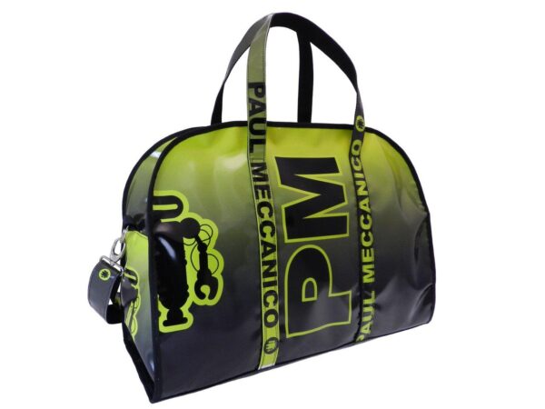 TRAVEL BAG OR SPORTS BAG BLACK AND GREEN COLOURS WITH SHADED EFFECT. RAID MODEL MADE OF LORRY TARPAULIN. - Unique Pieces Paul Meccanico
