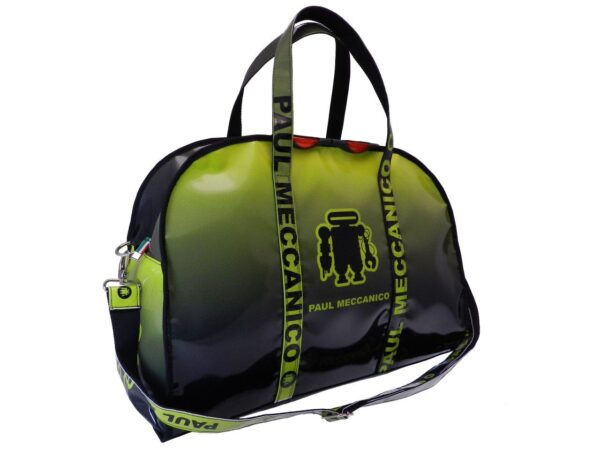 TRAVEL BAG OR SPORTS BAG BLACK AND GREEN COLOURS WITH SHADED EFFECT. RAID MODEL MADE OF LORRY TARPAULIN. - Unique Pieces Paul Meccanico