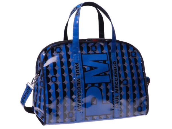 TRAVEL OR SPORTS BAG BLUE AND GREY COLOURS GEOMETRIC FANTASY. RAID MODEL MADE OF LORRY TARPAULIN. - Unique Pieces Paul Meccanico