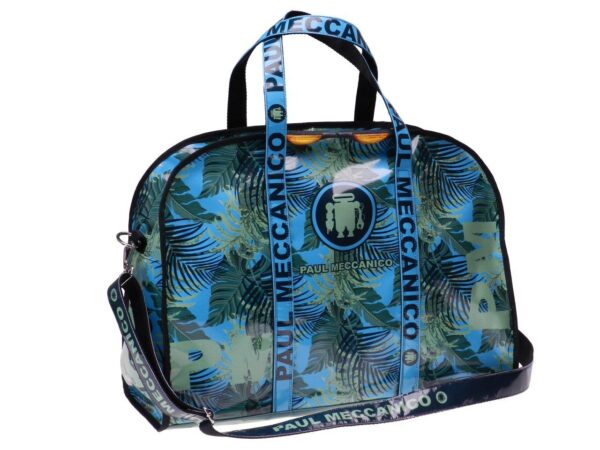 LARGE TRAVEL OR SPORTS BAG BLUE WITH PALM FANTASY. MODEL RAID MADE LORRY TARPAULIN. - Unique Pieces Paul Meccanico