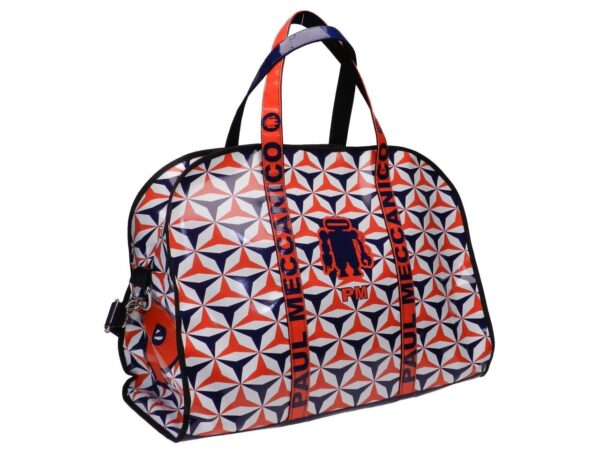 LARGE TRAVEL OR SPORTS BAG RED, WHITE AND BLUE WITH GEOMETRIC FANTASY. MODEL RAID MADE OF LORRY TARPAULIN. - Unique Pieces Paul Meccanico