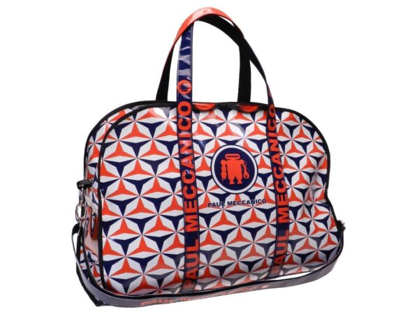 LARGE TRAVEL OR SPORTS BAG RED, WHITE AND BLUE WITH GEOMETRIC FANTASY. MODEL RAID MADE OF LORRY TARPAULIN. - Unique Pieces Paul Meccanico