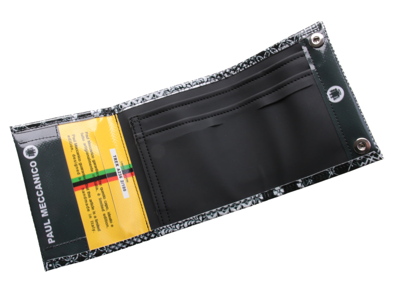 PORTAFOGLIO DA DONNA IN BIANCO E NERO "STILE RICAMO". MODELLO TREK REALIZZATO CON TELONI DI CAMION. - Edizione limitata Paul Meccanico