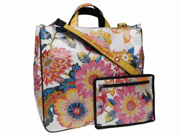 WHITE MAXI TOTE BAG FLORAL FANTASY. AIRSTONE MODEL MADE OF LORRY TARPAULIN. - Unique Pieces Paul Meccanico