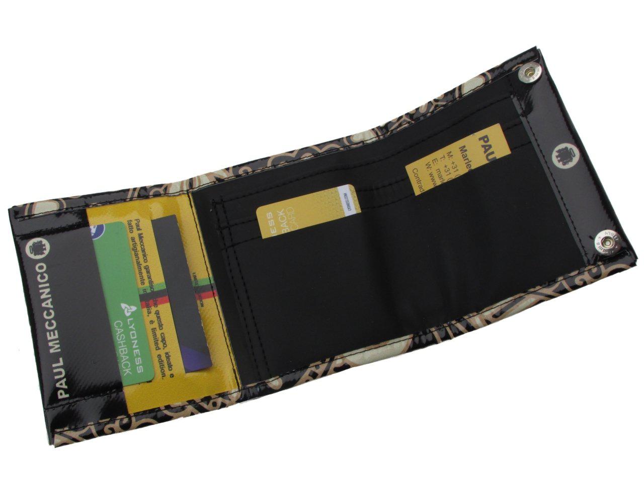 PORTAFOGLIO DONNA NERO E BEIGE COLORI FANTASIA MAIOLICA. MODELLO TREK REALIZZATO CON TELONI DI CAMION. - Paul Meccanico