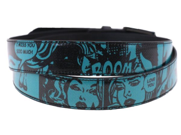 WOMAN'S BELT BLACK AND LIGHT BLUE CARTOON STYLE MADE OF LORRY TARPAULIN - Unique Pieces Paul Meccanico