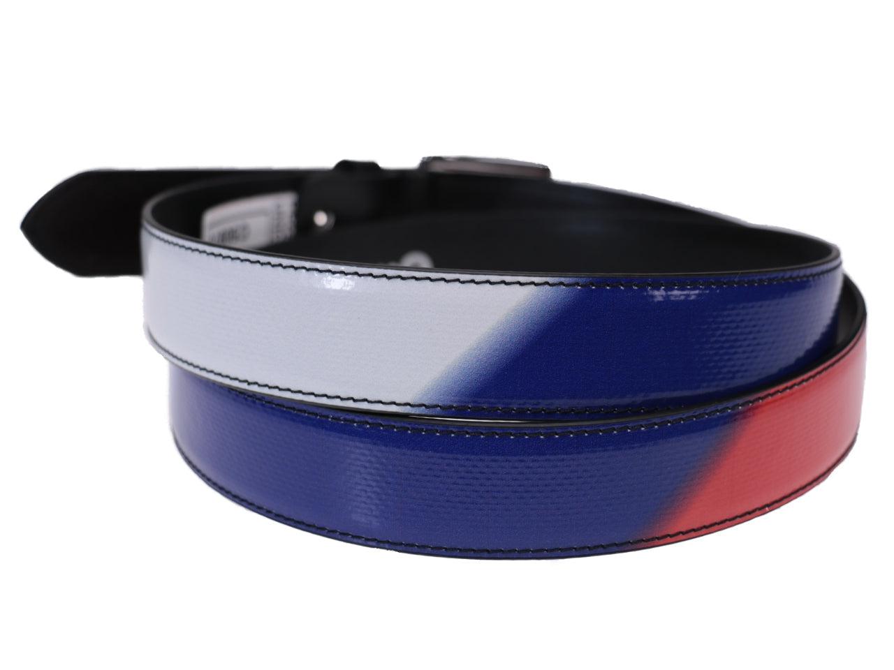 CINTURA DA DONNA DI COLORE ROSSO, BIANCO E REALE REALIZZATA CON TELONI DI CAMION. - Pezzi unici Paul Meccanico